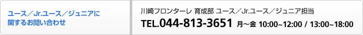 ユース／Jr.ユース／ジュニアに関するお問い合わせ：川崎フロンターレ 育成部 ユース／Jr.ユース／ジュニア担当 TEL.044-813-3651 月〜金 10:00〜12:00 / 13:00〜18:00
