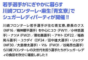 若手選手がにぎやかに暮らす川崎フロンターレ・麻生「青玄寮」でシュガーレディパーティが開催!!